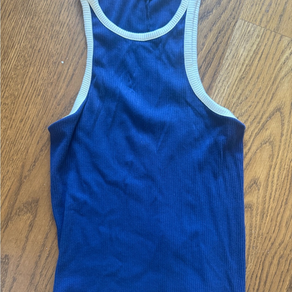 Blue Ribbed Tank Top with Cream Trim